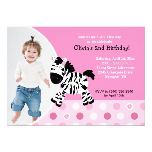 Cute Pink Zebra Girl Photo Birthday Invitation