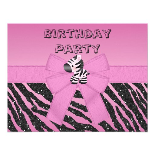 Cute Pink Zebra & Printed Bow Birthday Party Personalized Announcement