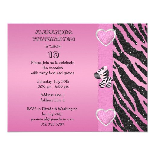 Cute Pink Zebra & Printed Bow Birthday Party Personalized Announcement
