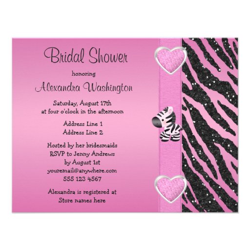 Cute Pink Zebra & Printed Bow Bridal Shower Personalized Announcements