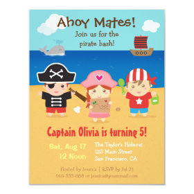 Cute Pirate Themed Kids Birthday Party Invitations 4.25