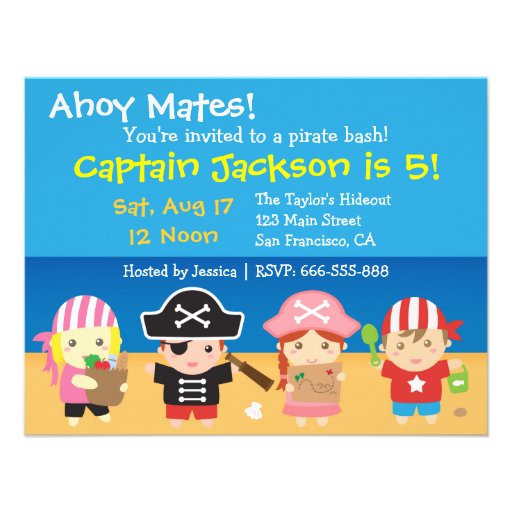 Cute Pirates Boys and Girls Birthday Party Invites