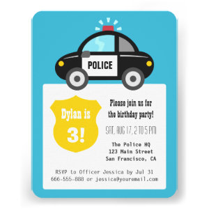 Cute Police Car Kids Birthday Party Personalized Invites