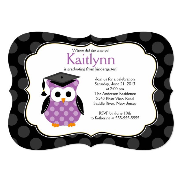 Cute Polka Dots Grad Owl Girls Graduation 5x7 Paper Invitation Card (front side)