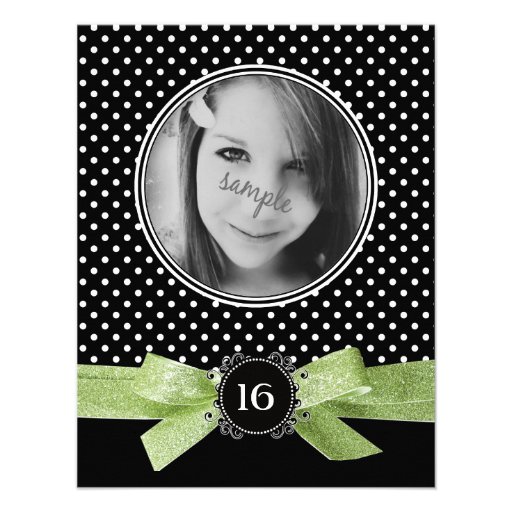 Cute Polka Dots Photo Sweet 16 Lime Green Ribbon Custom Announcement