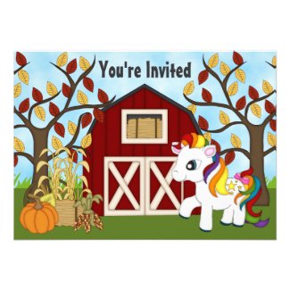 Cute Pony and Barn Autumn Horse Birthday Invite