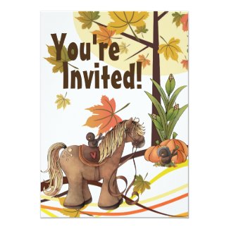 Cute Pony and Crows Fall Horse Birthday Invitation