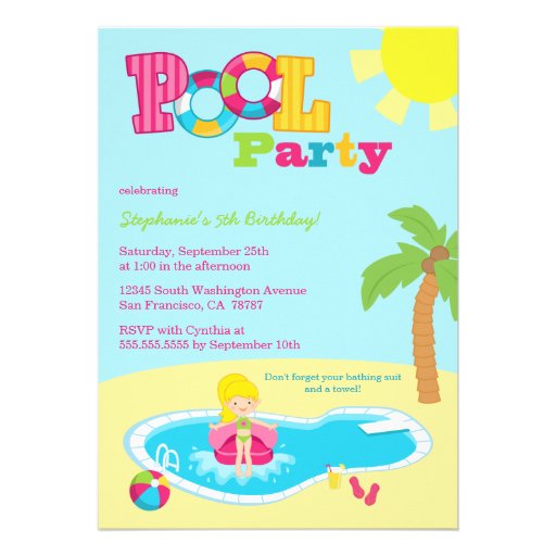 Cute pool party girls birthday party invitation