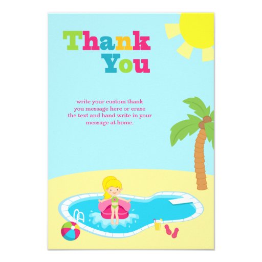 Cute pool party girls birthday thank you card custom invites