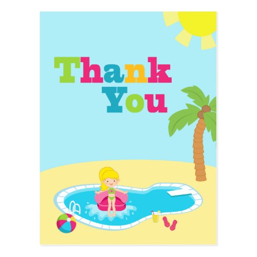 Cute pool party girls birthday thank you post card