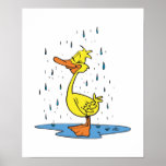 cute puddle duck in the rain posters