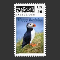 Cute Puffin Happy Birthday Stamp stamps