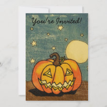 Cute Pumpkin Against Moon Invitations - This cute Halloween design features a jack-o-lantern pumpkin against a starry sky with a full moon. Image has a worn texture for a vintage look.