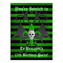 Cute punk goth skull green birthday party teen boy personalized invite