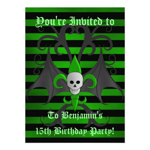 Cute punk goth skull green birthday party teen boy personalized invite