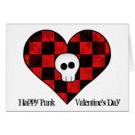 Cute punk goth skull in red checkered heart cards