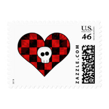 Cute punk goth skull in red checkered heart stamp