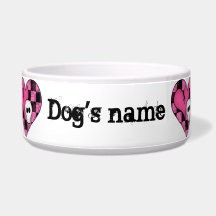 Cute punk hot pink and black hearts and skulls dog water bowls