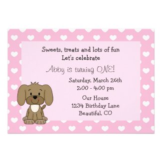 Cute Puppy Dog 1st Birthday Invitation for Girls