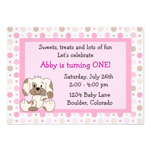 Cute Puppy Dog 1st Birthday Invitation for Girls (front side)