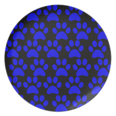 Cute Puppy Dog Paw Prints Blue Black Party Plate