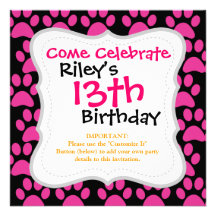 Cute Puppy Dog Paw Prints Hot Pink Black Invites