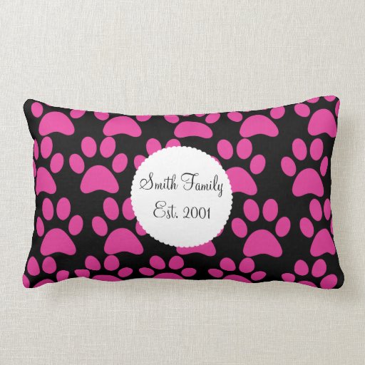 Cute Puppy Dog Paw Prints Hot Pink Black Lumbar Pillow Zazzle