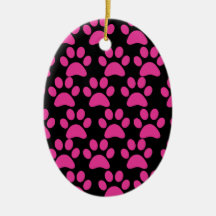 Cute Puppy Dog Paw Prints Hot Pink Black Christmas Ornament