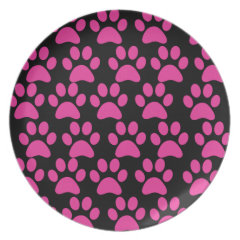 Cute Puppy Dog Paw Prints Hot Pink Black Plate