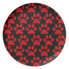 Cute Puppy Dog Paw Prints Red Black Dinner Plate