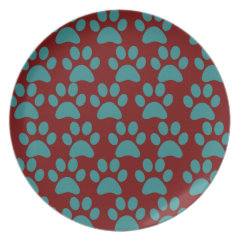Cute Puppy Dog Paw Prints Red Blue Plate