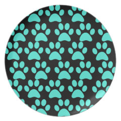 Cute Puppy Dog Paw Prints Teal Blue Black Dinner Plate
