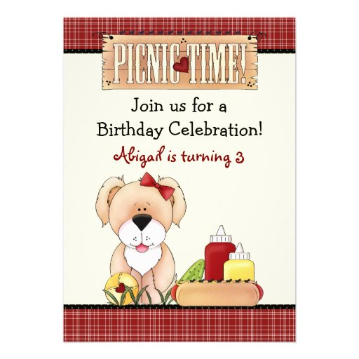 Cute Puppy Dog Picnic Birthday Invitation ~ Girls