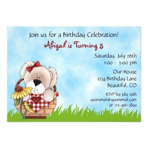 Cute Puppy Dog Picnic Birthday Invitation ~ Girls