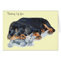 cute puppy rottweiler with teddy bear art card