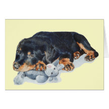 cute puppy rottweiler with teddy bear art card
