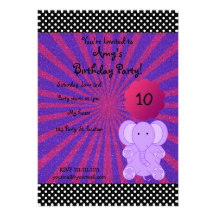 Cute purple elephant birthday invitation