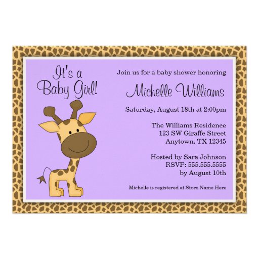 Cute Purple Giraffe Girl Baby Shower Personalized Invitations (front side)