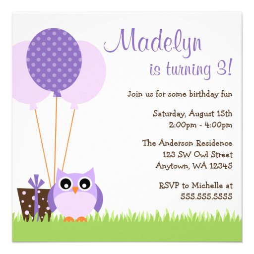 Cute Purple Owl Balloons Birthday Invitations (front side)