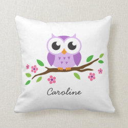 Cute purple owl on floral branch personalized name throw pillows