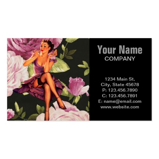 cute purple rose pin up girl vintage fashion business card (front side)