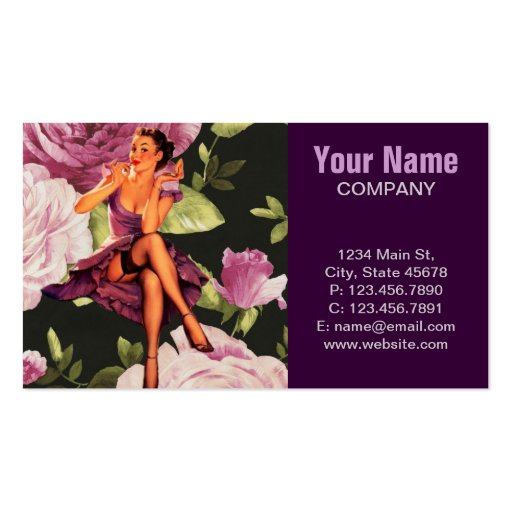 cute purple rose pin up girl vintage fashion business cards (front side)