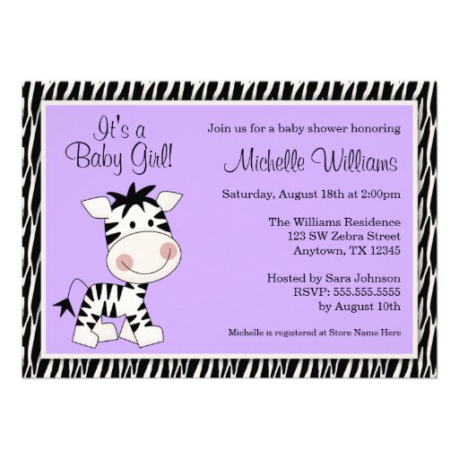 Cute Purple Zebra Girl Baby Shower Custom Invite (front side)