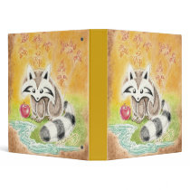 Cute raccoon with red apple near pond binder