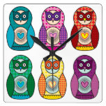 Cute Rainbow Matryoshka Owls Wallclock