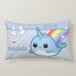 Cute rainbow narwhal on white & blue polka dots pillow