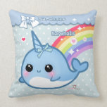 Cute rainbow narwhal on white & blue polka dots pillows