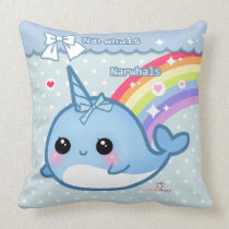 Cute rainbow narwhal on white & blue polka dots pillows