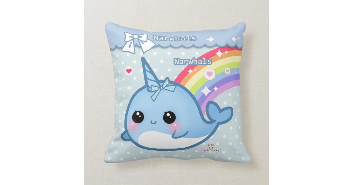 Cute rainbow narwhal on white & blue polka dots pillow Zazzle