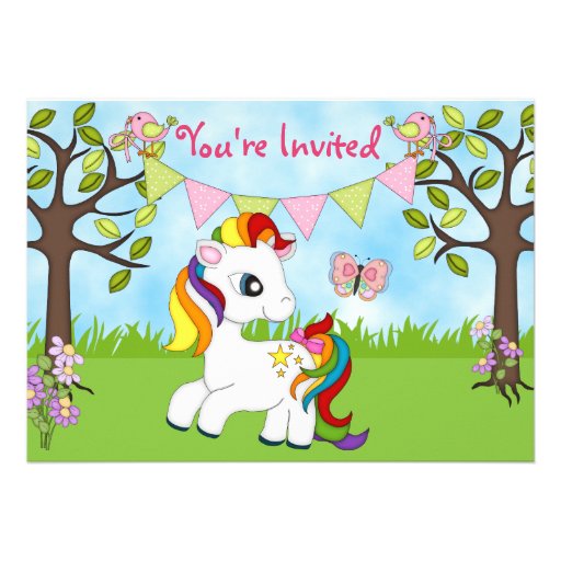 Cute Rainbow Pony Horse Birthday Invitations